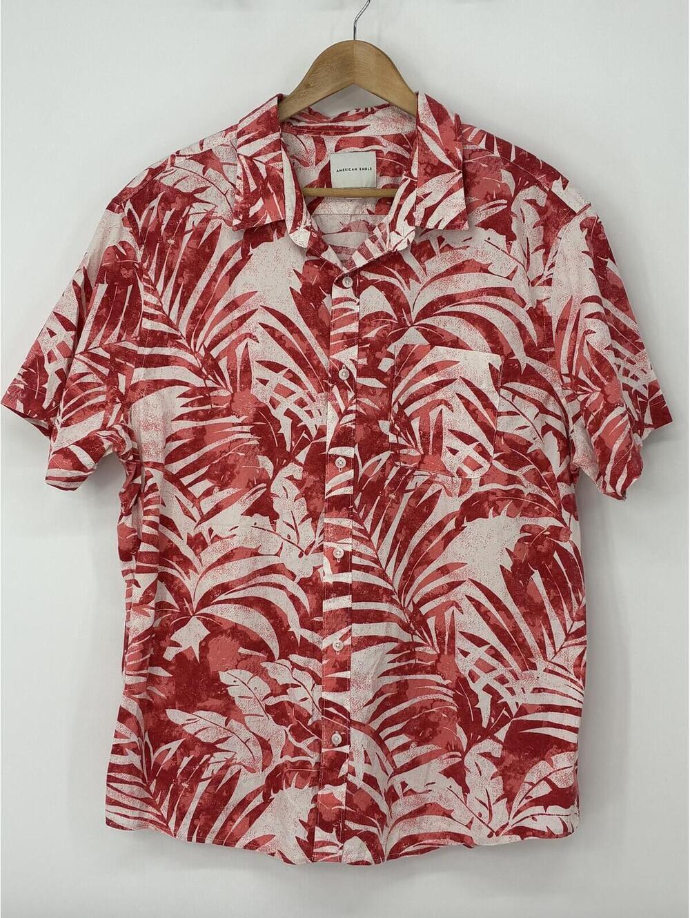 American Eagle Men's Short Sleeve Red and White Tropical Print Shirt XXL